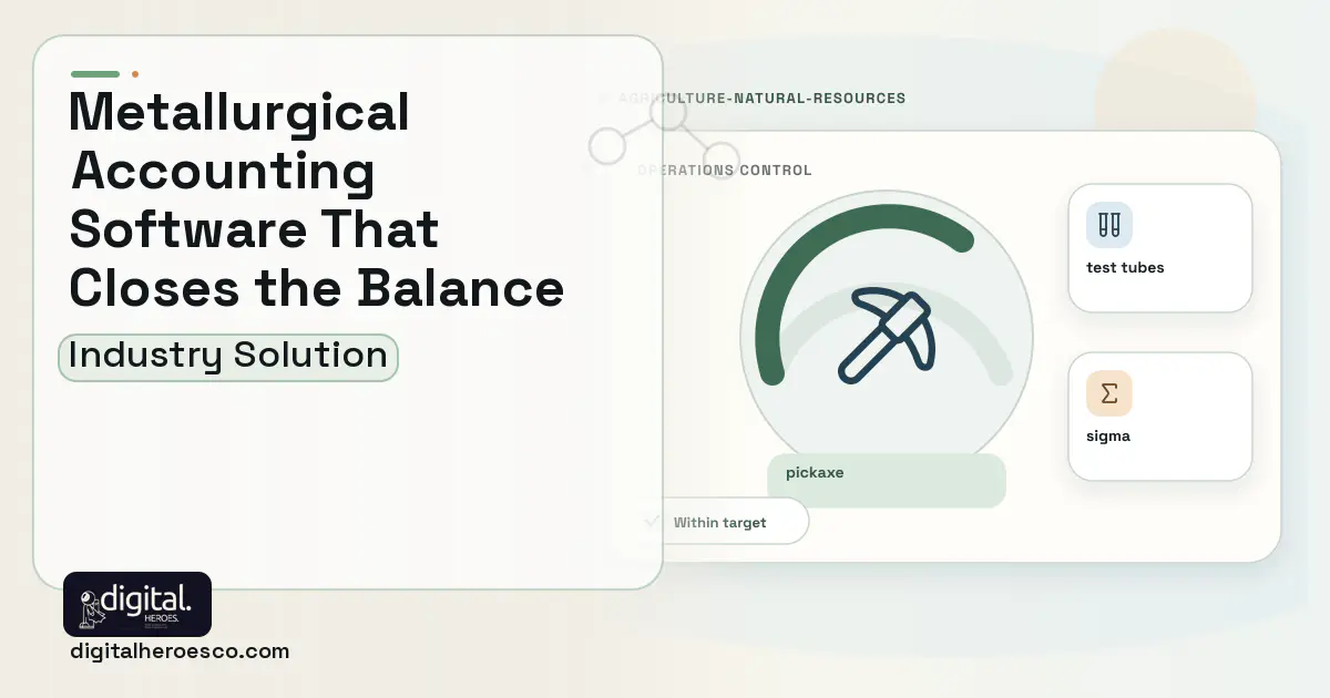 Metallurgical Accounting software visual showing pickaxe, test tubes, and sigma.