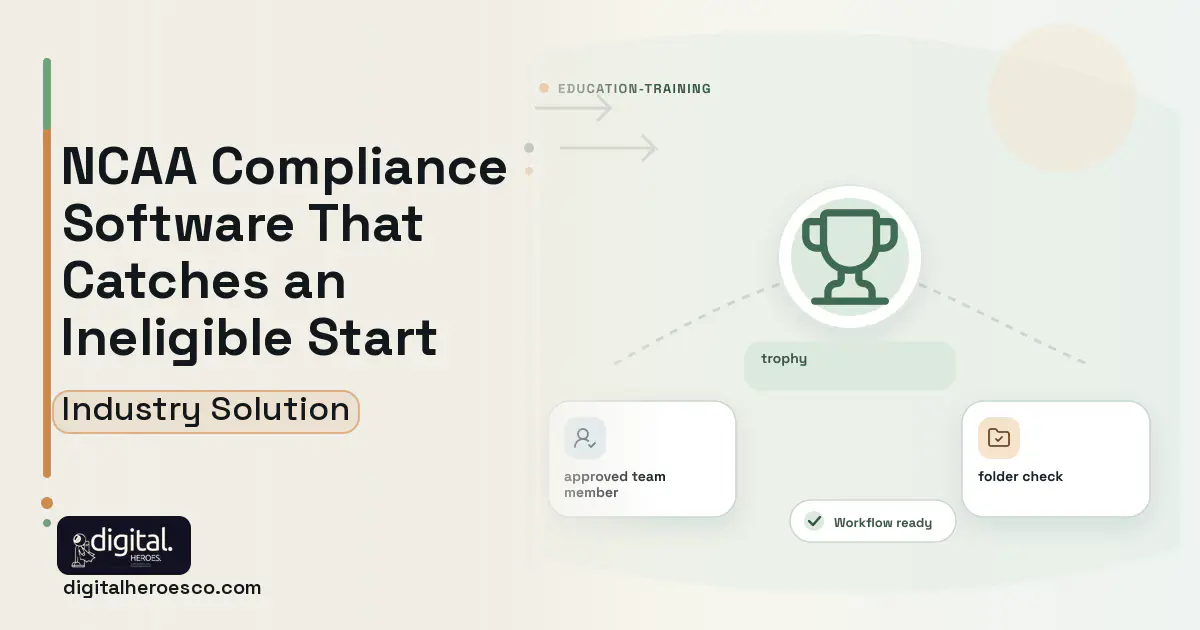 College Athletics Compliance software visual showing trophy, approved team member, and folder check.