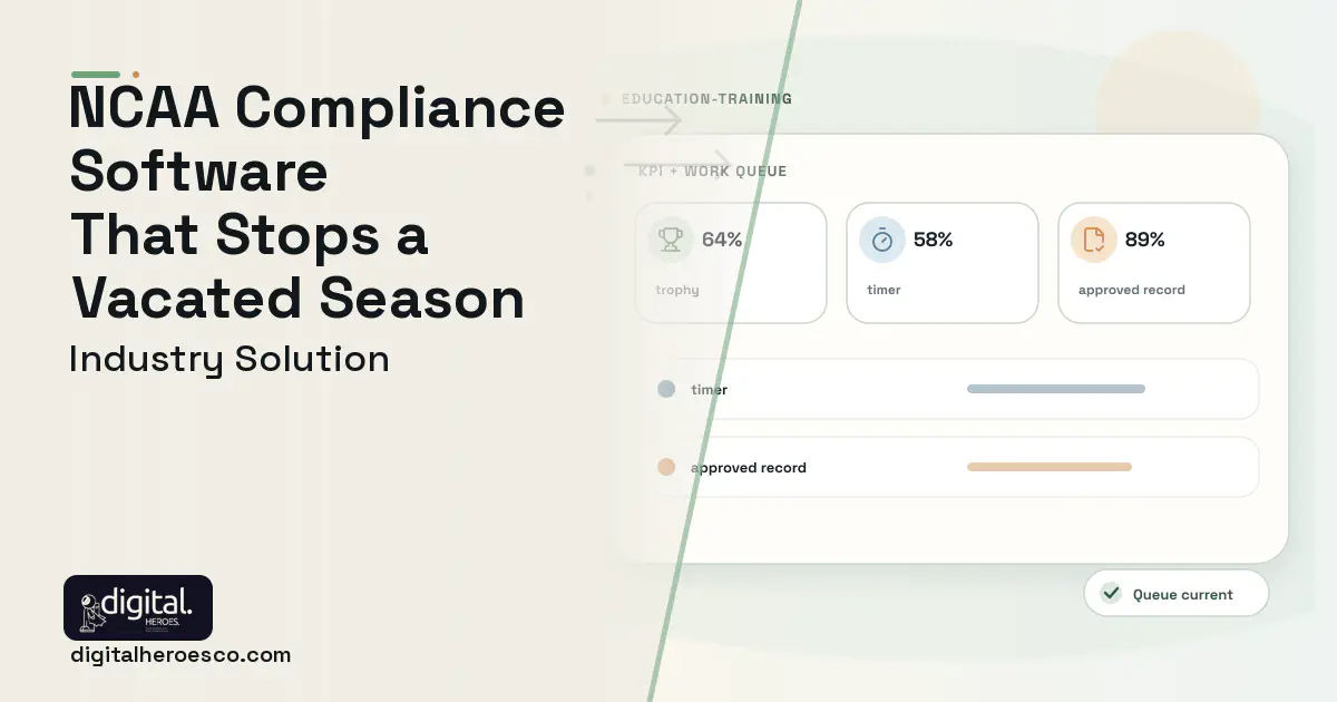 Athletics Compliance and Eligibility software visual showing trophy, timer, and approved record.