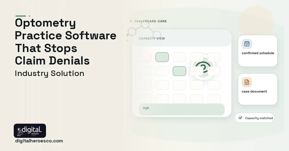 Optometry Practice software visual showing eye, confirmed schedule, and case document.