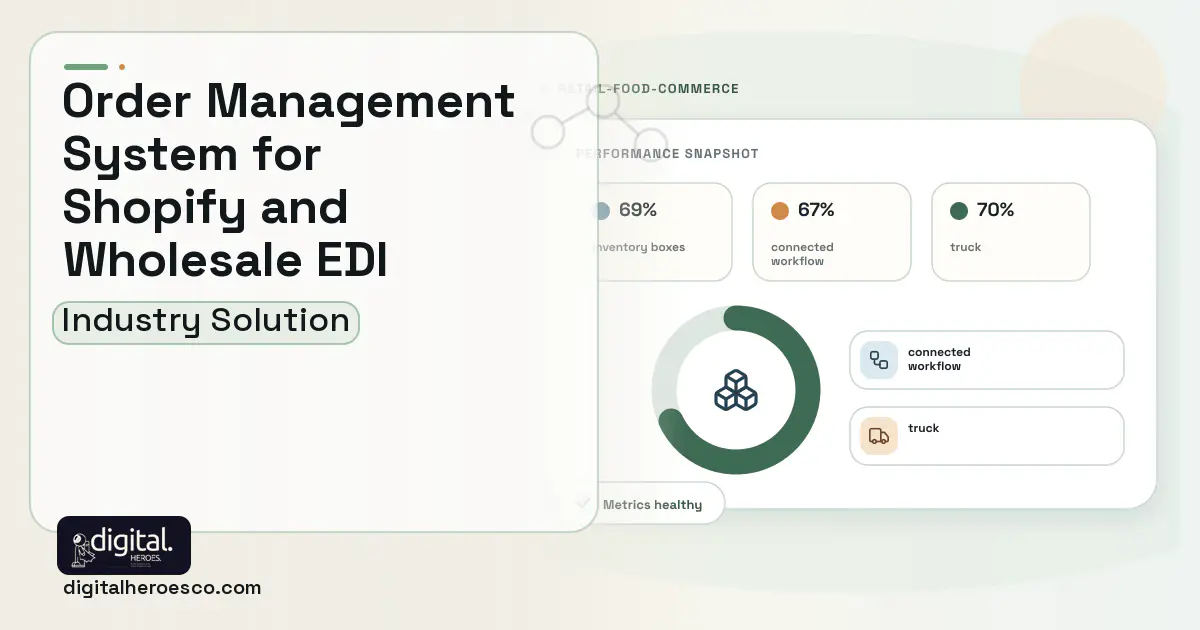 Order Management System software visual showing inventory boxes, connected workflow, and truck.
