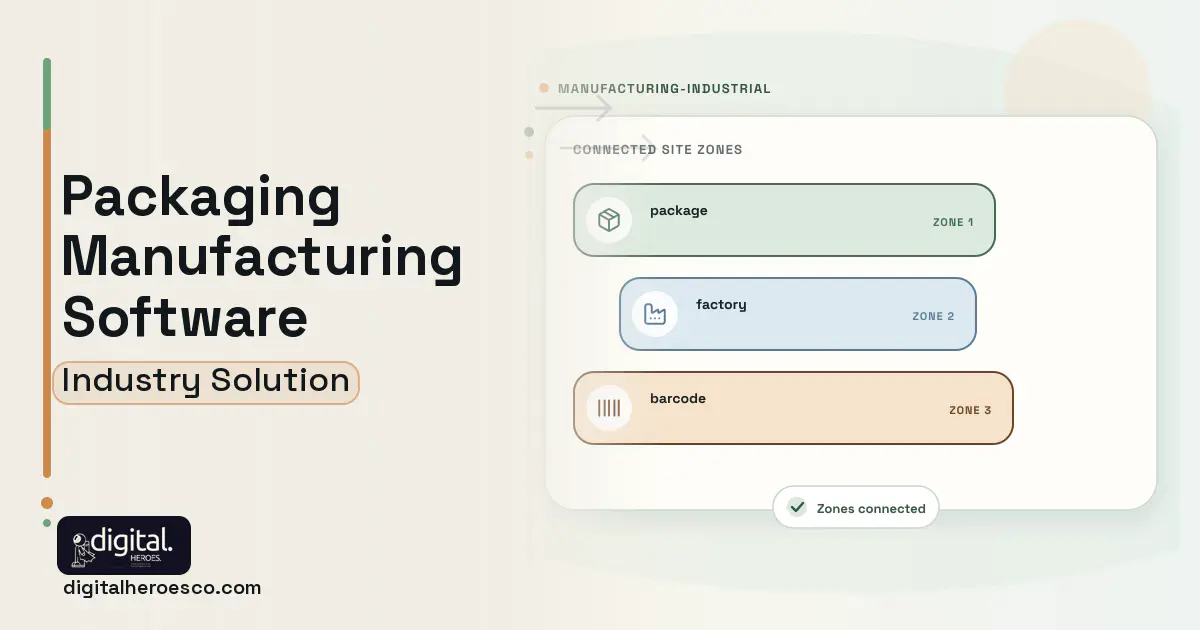 Packaging Manufacturing software visual showing package, factory, and barcode.