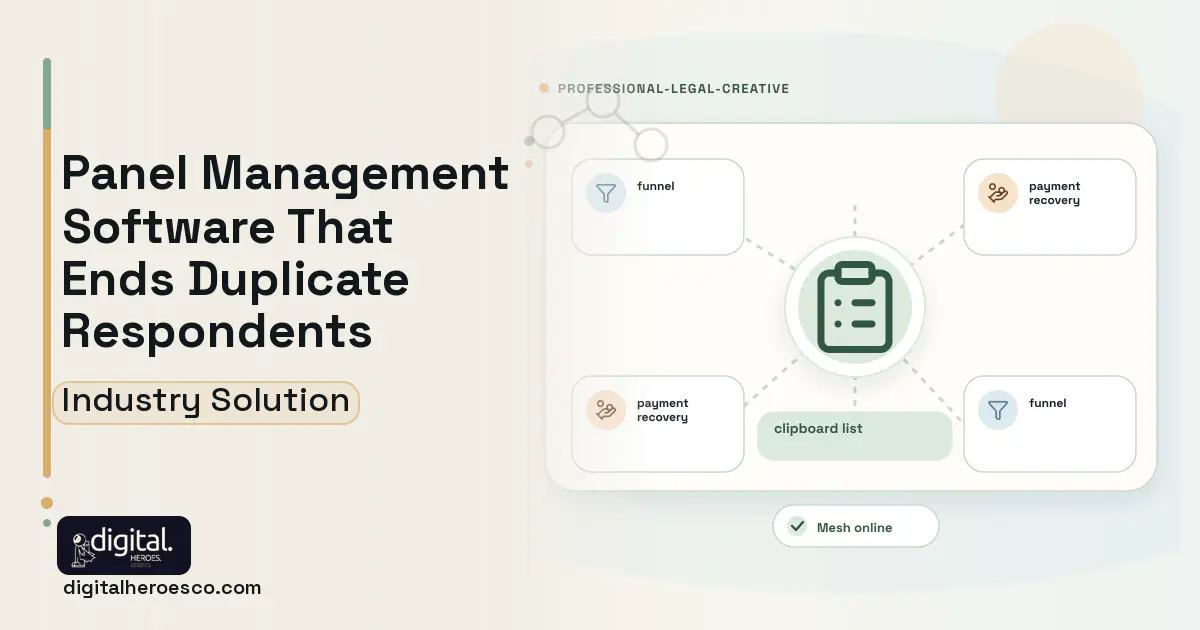 Survey Panel Management software visual showing clipboard list, funnel, and payment recovery.