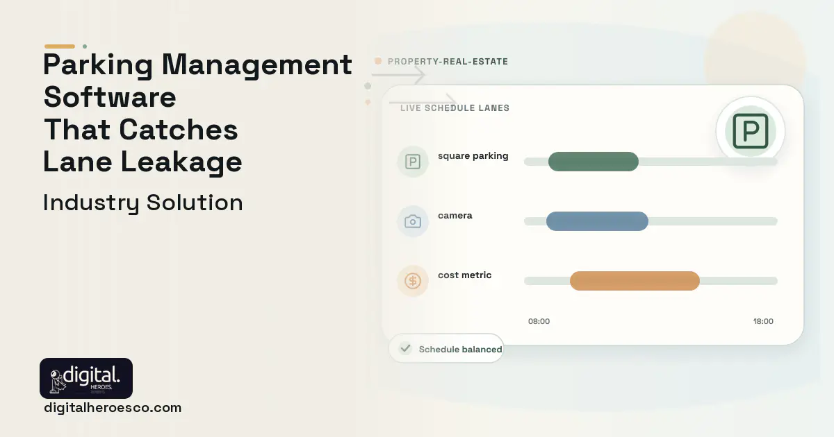 Parking Facility Management software visual showing square parking, camera, and cost metric.