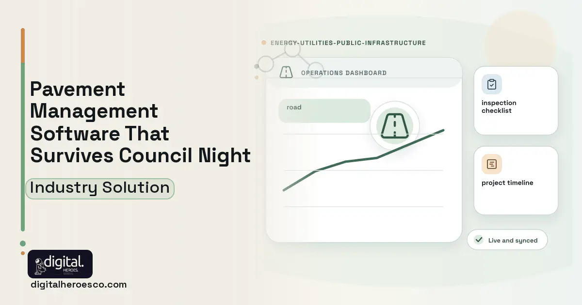 Pavement Management software visual showing road, inspection checklist, and project timeline.
