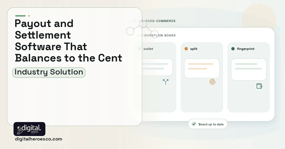 Marketplace Payout Settlement software visual showing wallet, split, and fingerprint.