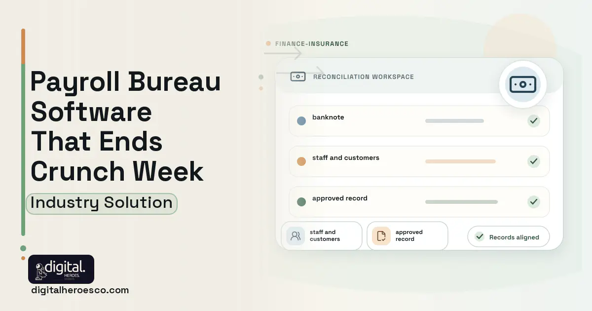 Payroll Bureau software visual showing banknote, staff and customers, and approved record.