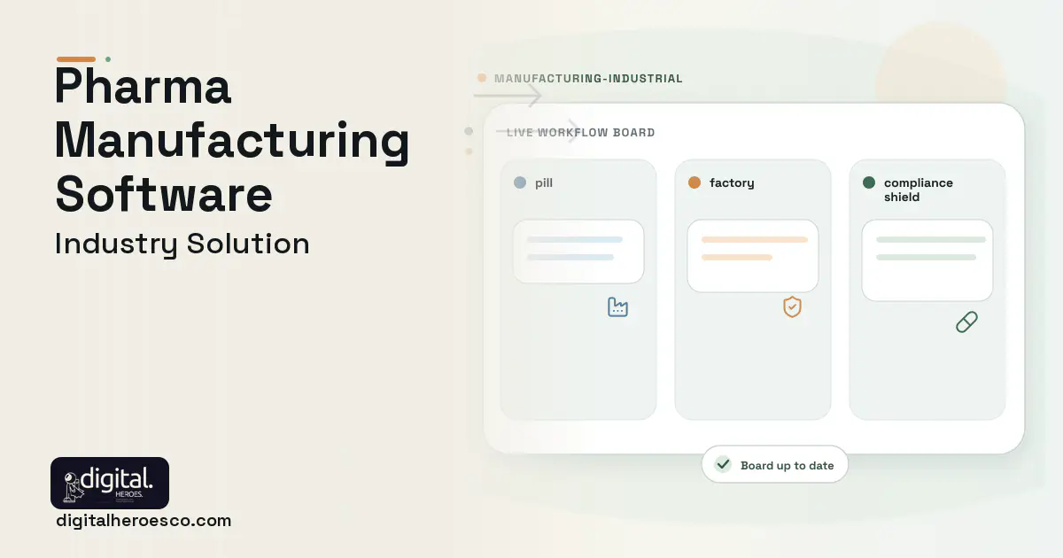 Pharma Manufacturing software visual showing pill, factory, and compliance shield.