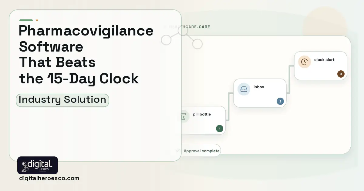 Pharmacovigilance Case Management software visual showing pill bottle, inbox, and clock alert.