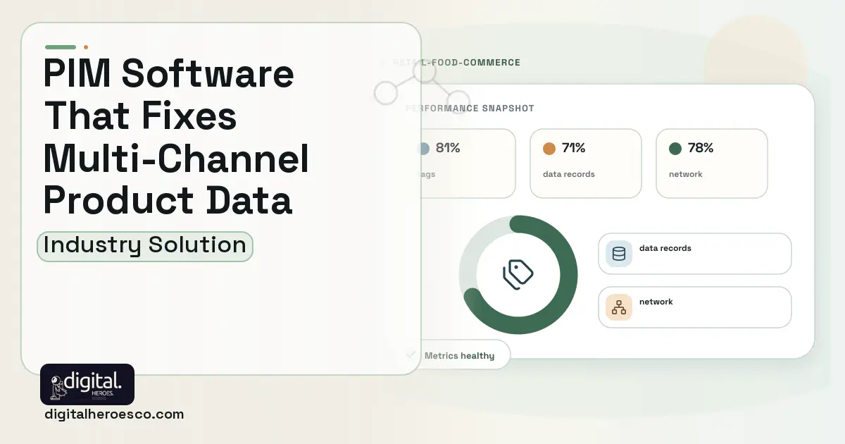 Product Information Management PIM software visual showing tags, data records, and network.