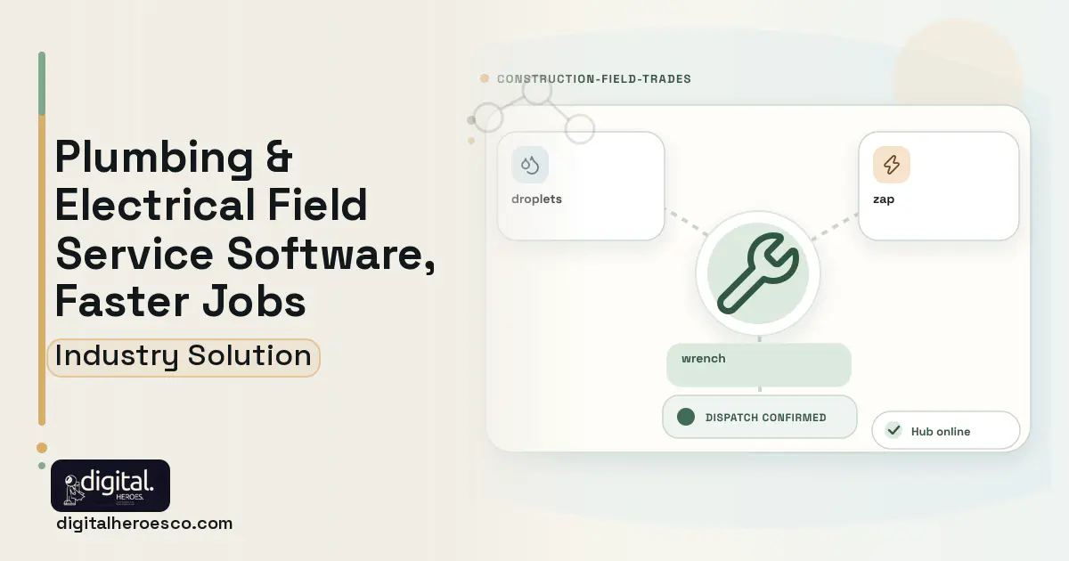 Plumbing and Electrical Field Service software visual showing wrench, droplets, and zap.