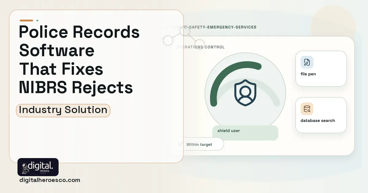 Police Records Management software visual showing shield user, file pen, and database search.