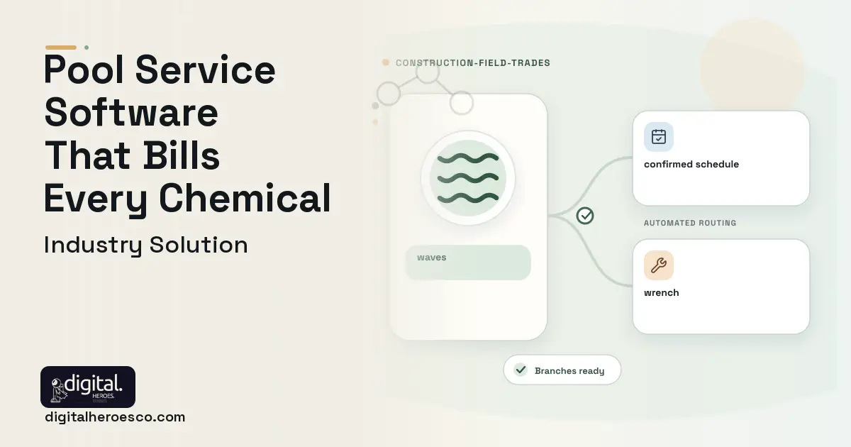 Pool Service software visual showing waves, confirmed schedule, and wrench.
