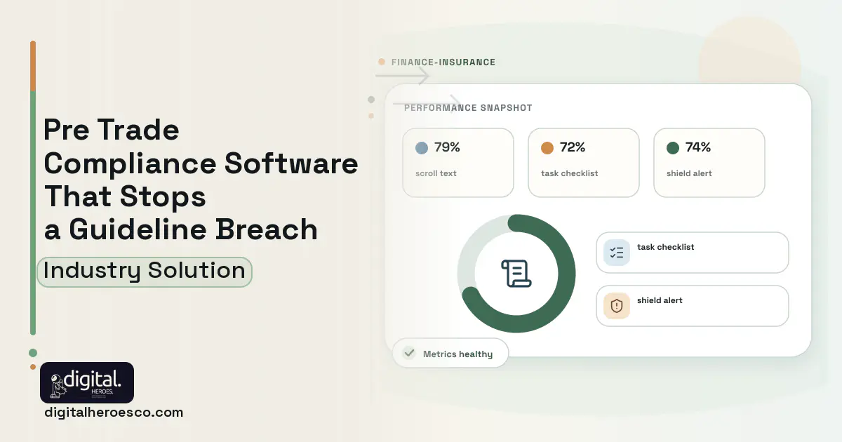 Investment Compliance Rules Engine software visual showing scroll text, task checklist, and shield alert.