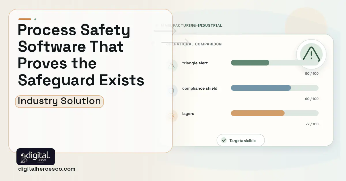 Process Safety Management software visual showing triangle alert, compliance shield, and layers.