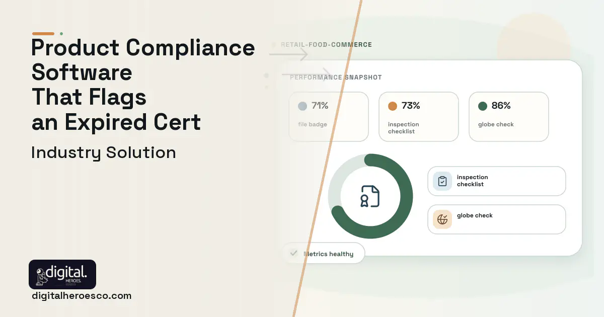 Product Safety Compliance software visual showing file badge, inspection checklist, and globe check.