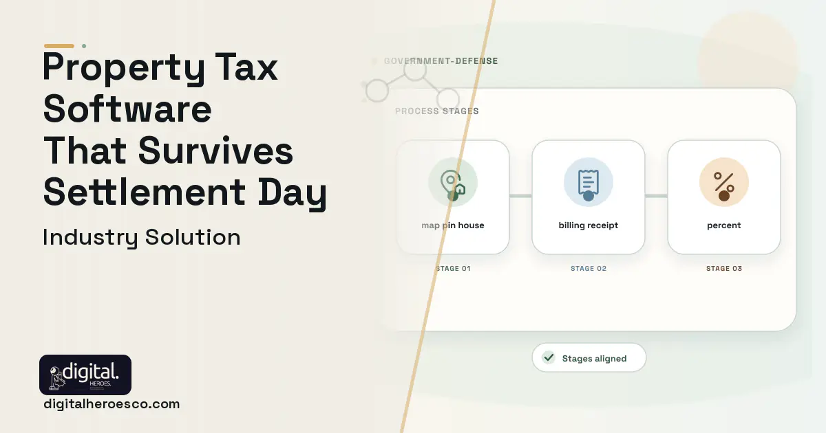 Property Tax Billing software visual showing map pin house, billing receipt, and percent.