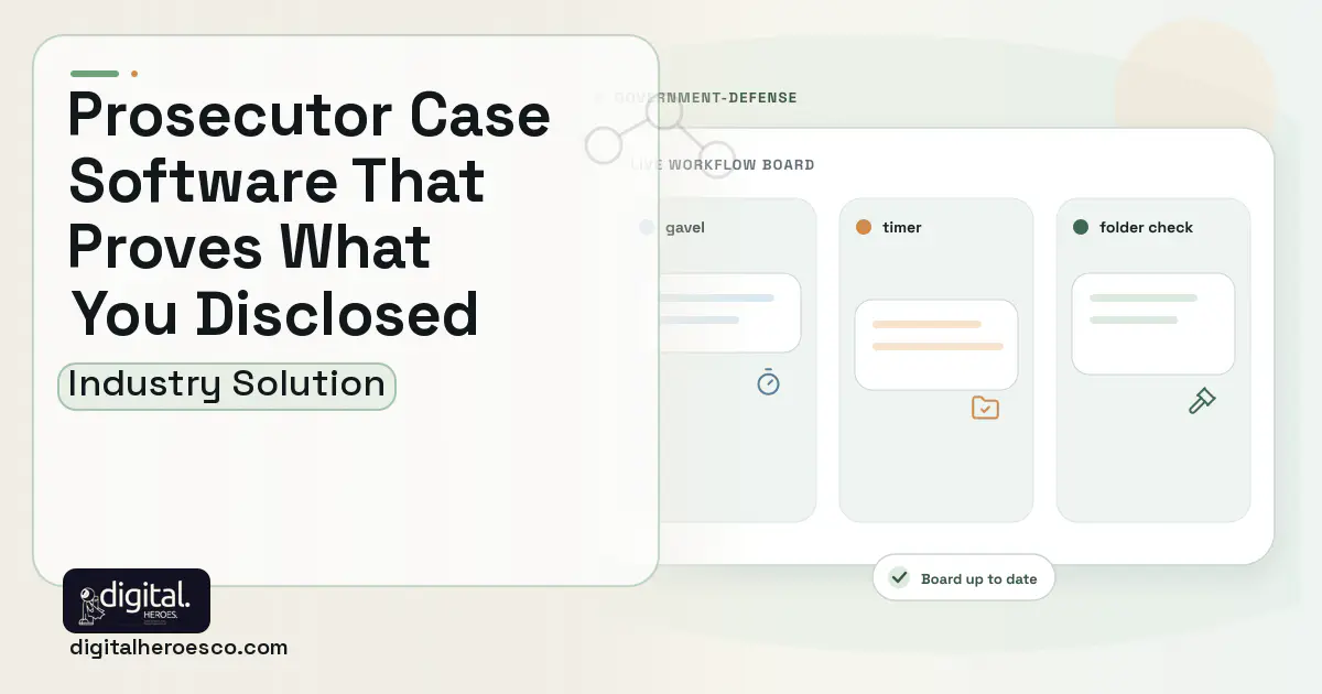 Prosecutor Case Management software visual showing gavel, timer, and folder check.