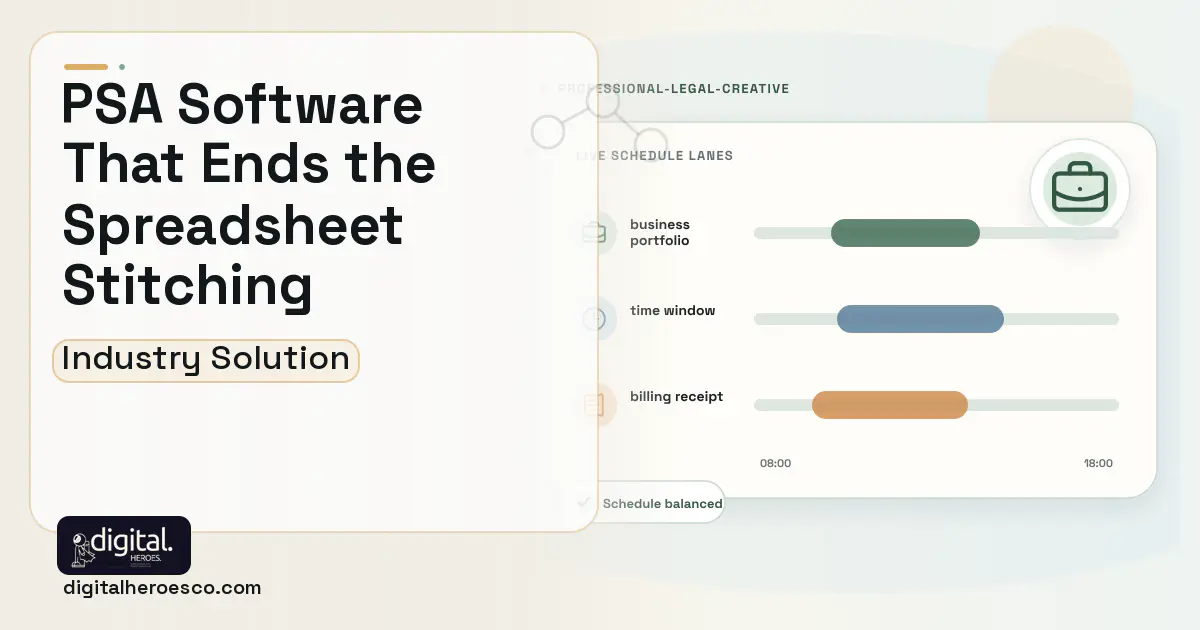 PSA software visual showing business portfolio, time window, and billing receipt.
