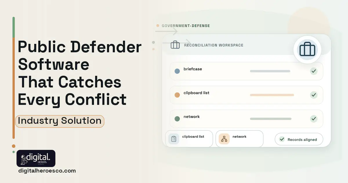 Public Defender Case Management software visual showing briefcase, clipboard list, and network.