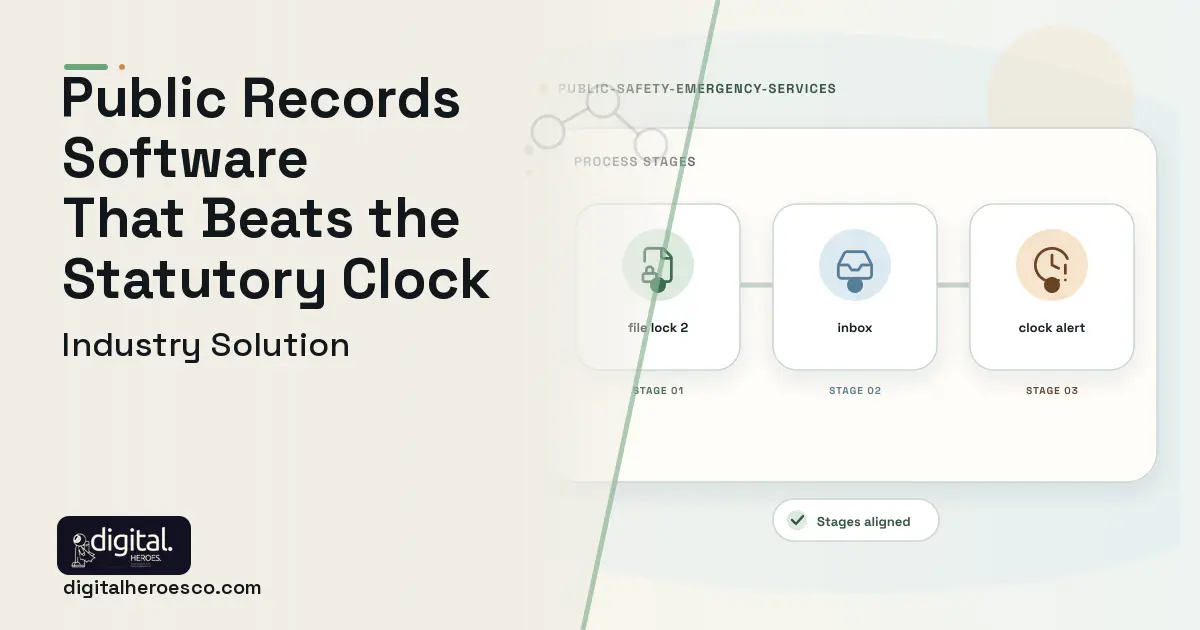 Public Records Request Redaction software visual showing file lock 2, inbox, and clock alert.