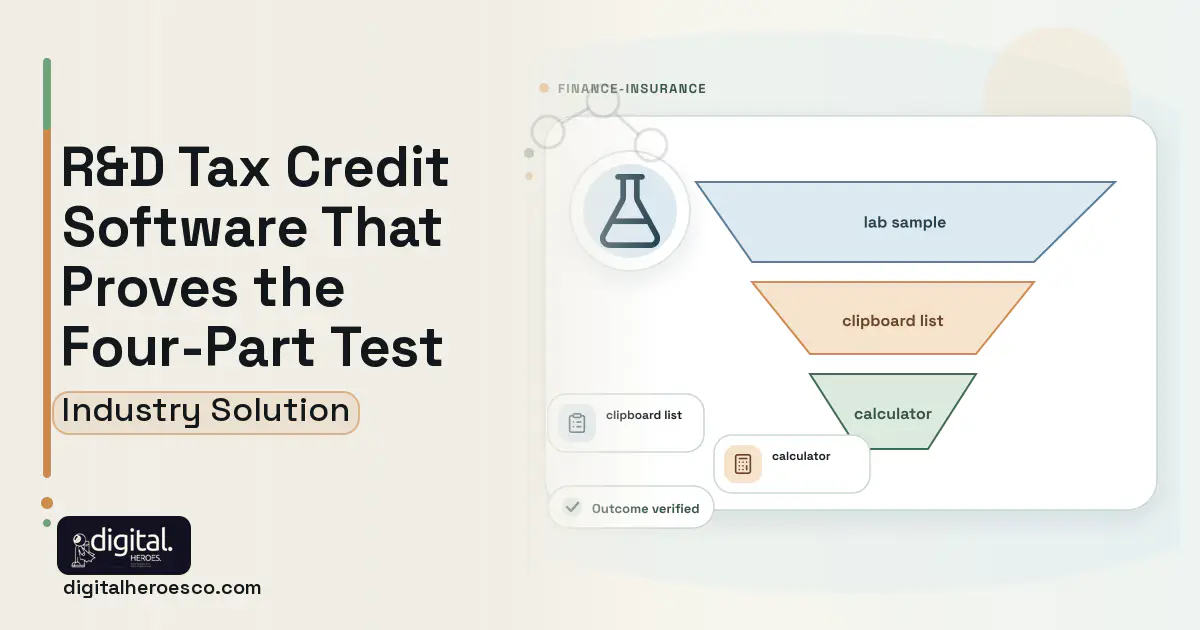 R and D Tax Credit Study software visual showing lab sample, clipboard list, and calculator.