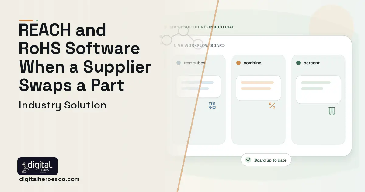 Product Stewardship Substance Compliance software visual showing test tubes, combine, and percent.