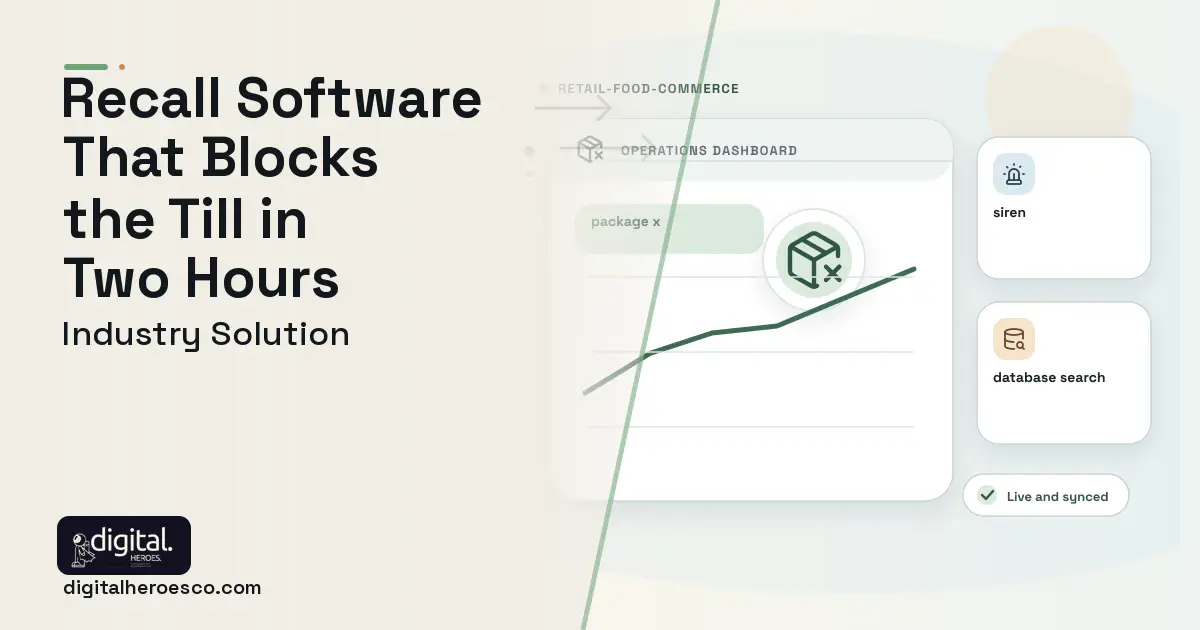Product Recall Management software visual showing package x, siren, and database search.