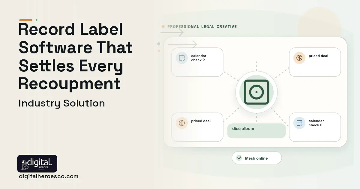 Record Label Management software visual showing disc album, calendar check 2, and priced deal.