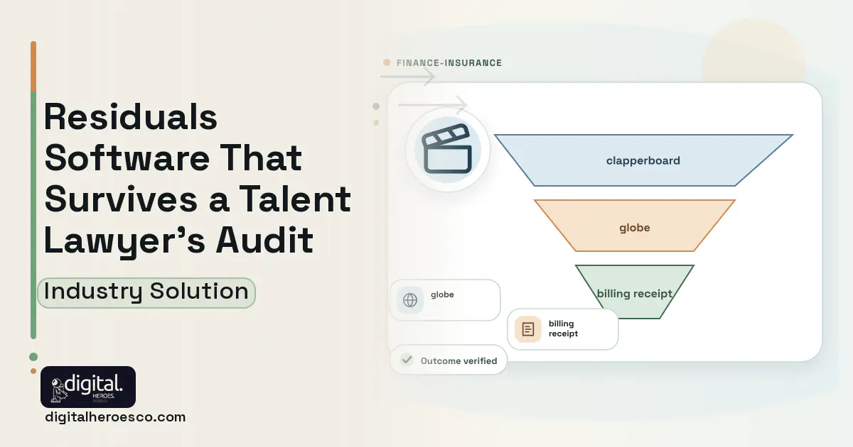 Residuals and Participations software visual showing clapperboard, globe, and billing receipt.
