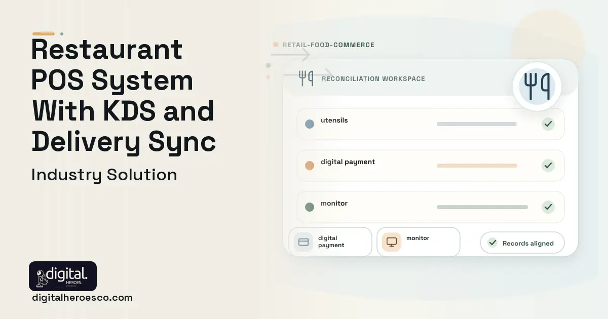 Custom Restaurant POS System software visual showing utensils, digital payment, and monitor.