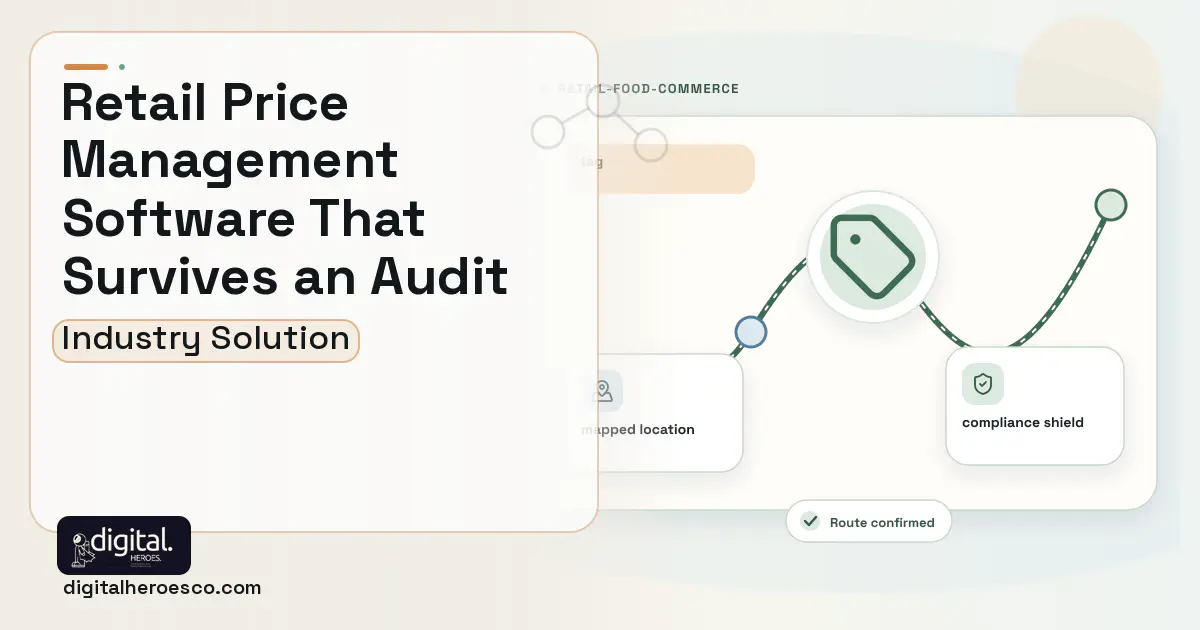 Retail Price Management software visual showing tag, mapped location, and compliance shield.