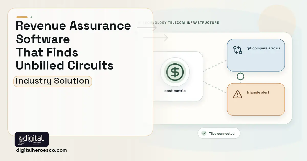Telecom Revenue Assurance software visual showing cost metric, git compare arrows, and triangle alert.