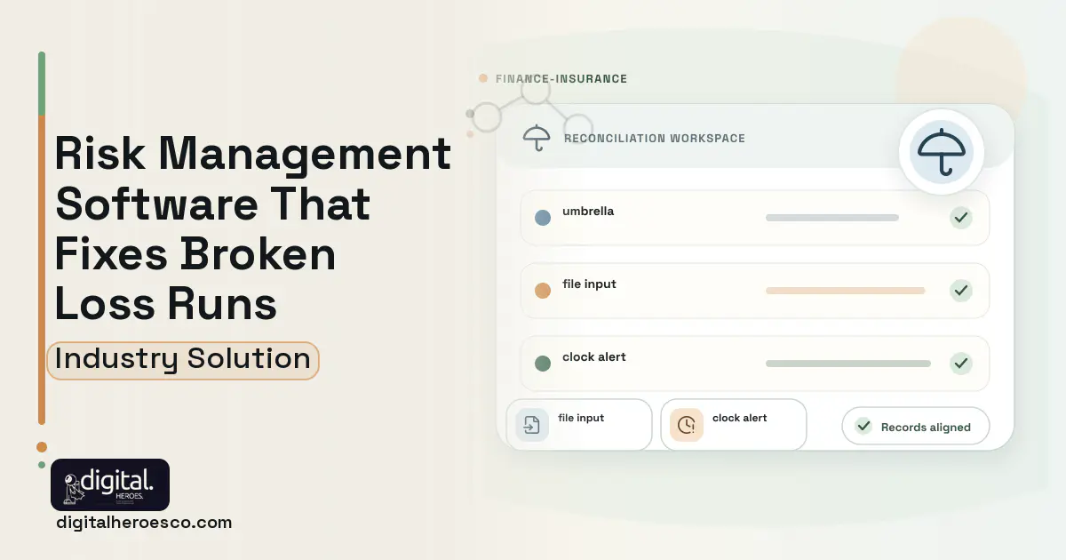 Risk Management Information System software visual showing umbrella, file input, and clock alert.