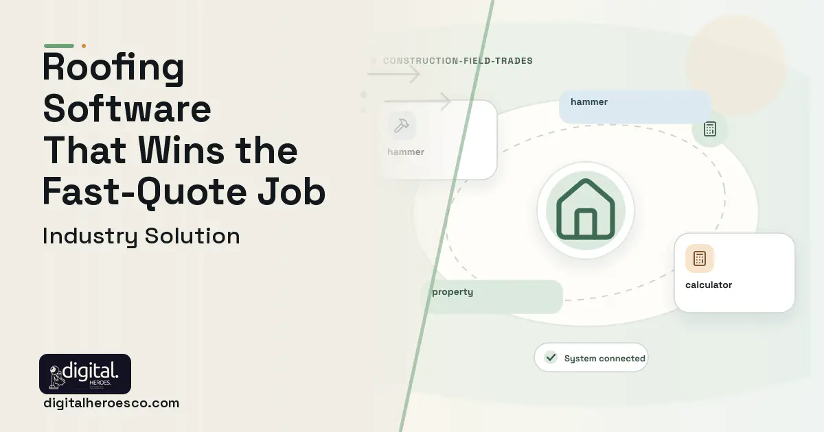 Roofing Company software visual showing property, hammer, and calculator.