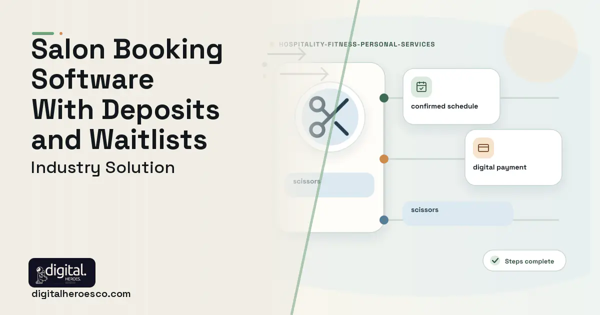 Salon and Spa Booking software visual showing scissors, confirmed schedule, and digital payment.