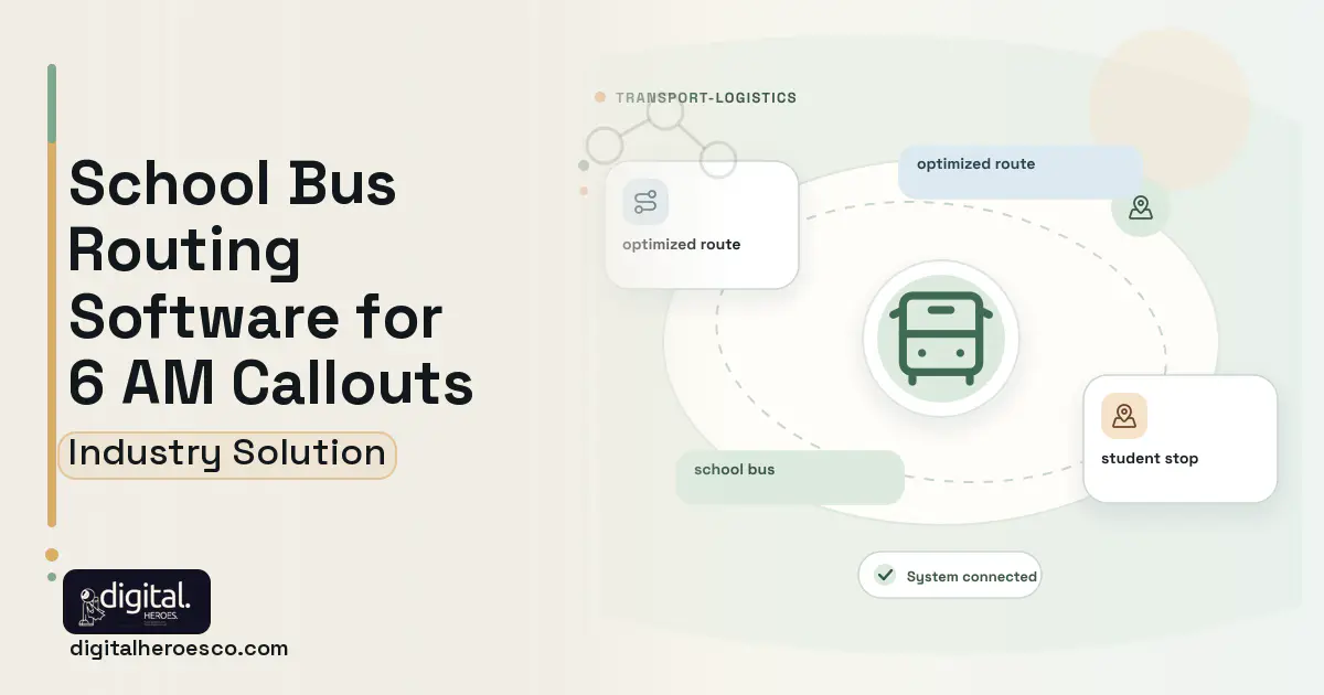 School Bus Routing software visual showing school bus, optimized route, and student stop.