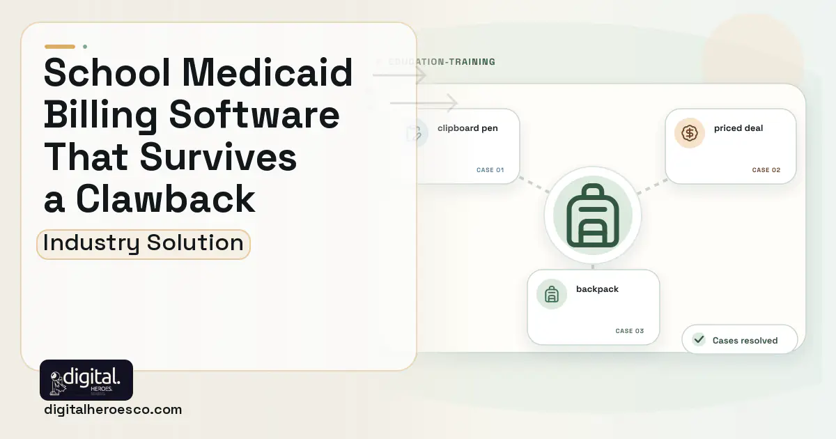 Medicaid School Based Billing software visual showing backpack, clipboard pen, and priced deal.