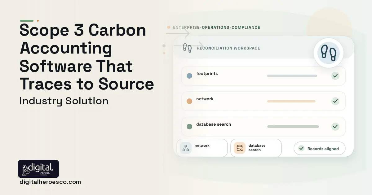 Scope 3 Carbon Accounting software visual showing footprints, network, and database search.
