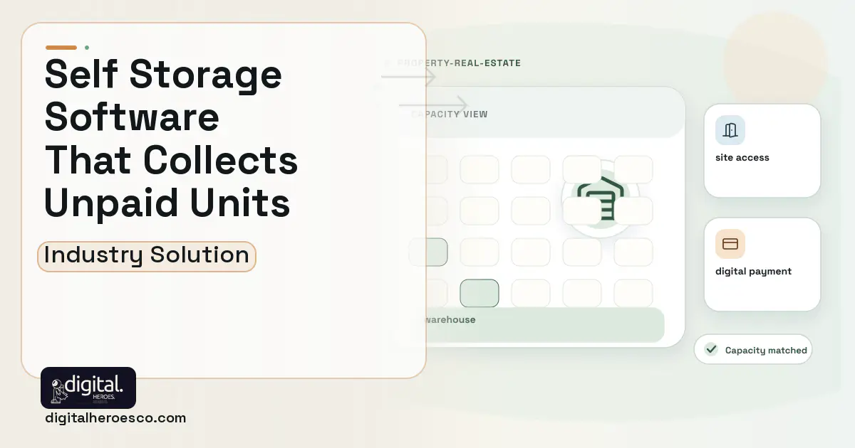 Self Storage Management software visual showing warehouse, site access, and digital payment.