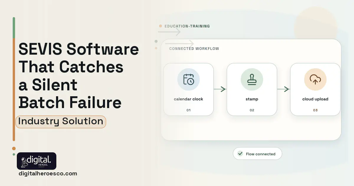 International Student Compliance software visual showing stamp, calendar clock, and cloud upload.