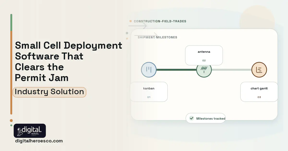 Small Cell Deployment software visual showing antenna, kanban, and chart gantt.