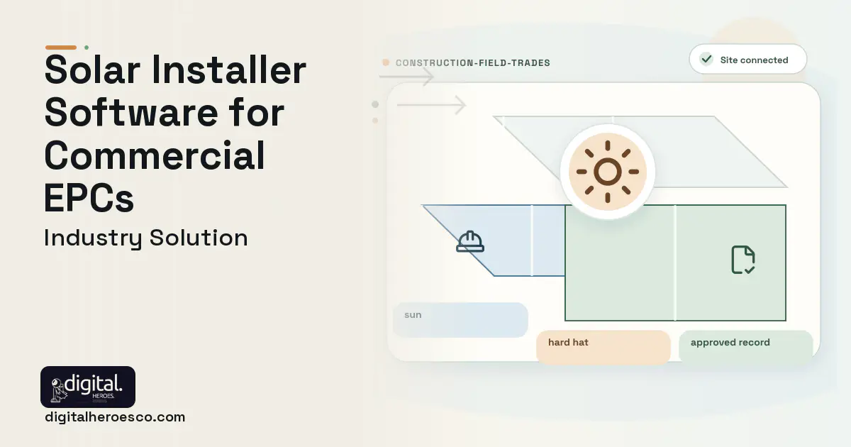 Solar Installer software visual showing sun, hard hat, and approved record.