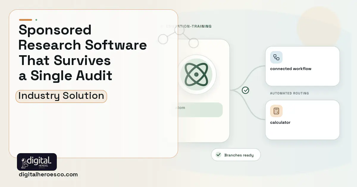 Sponsored Research Administration software visual showing atom, connected workflow, and calculator.