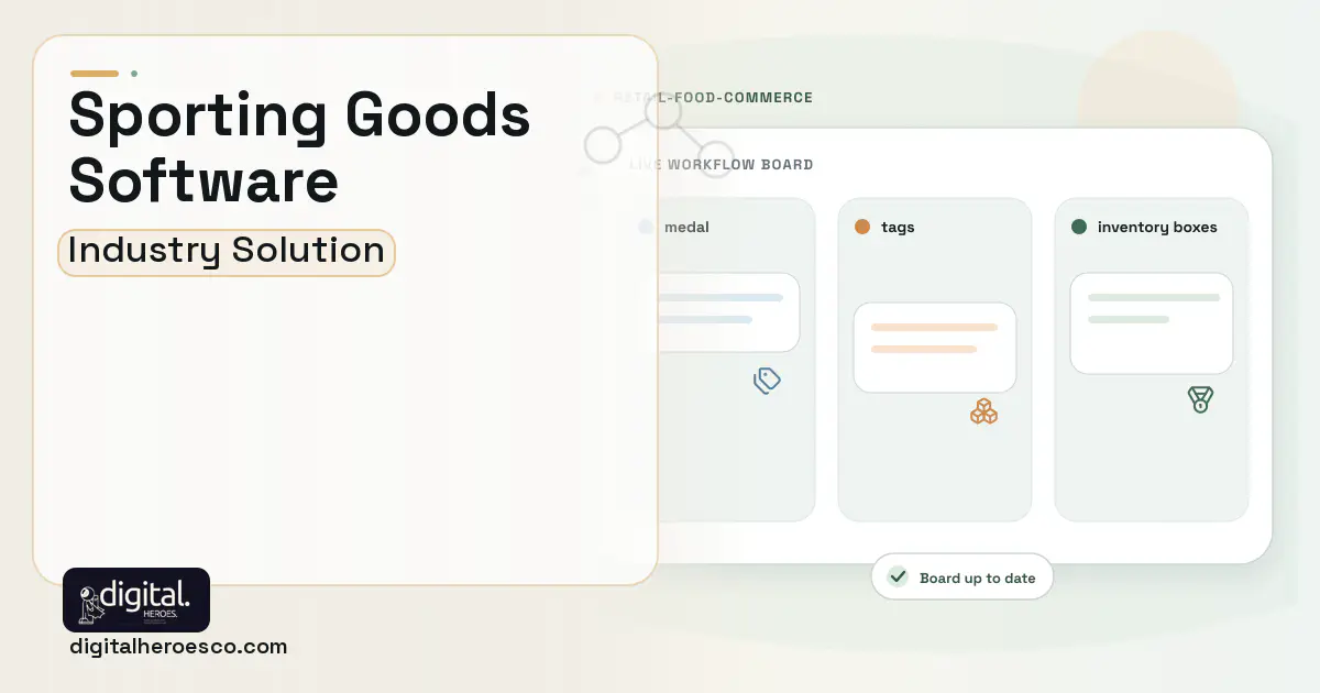 Sporting Goods Store software visual showing medal, tags, and inventory boxes.