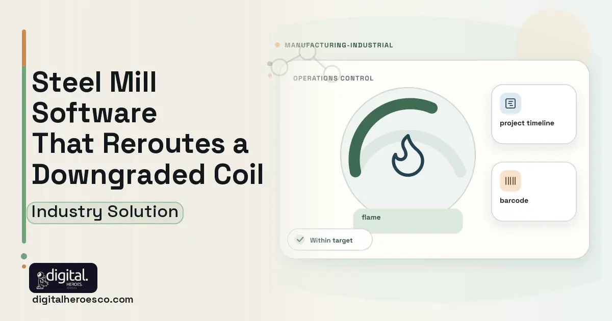 Steel Mill Production software visual showing flame, project timeline, and barcode.