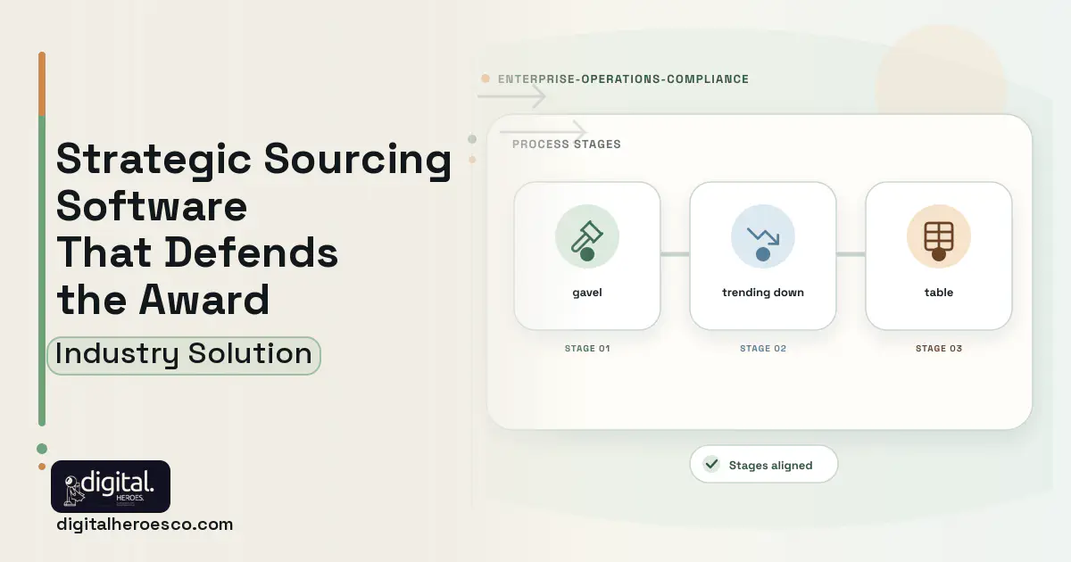 E Sourcing and Reverse Auction software visual showing gavel, trending down, and table.