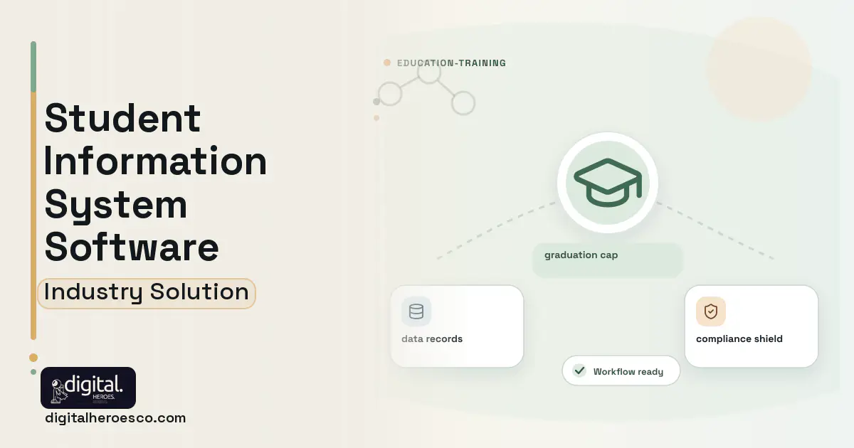 Student Information System software visual showing graduation cap, data records, and compliance shield.