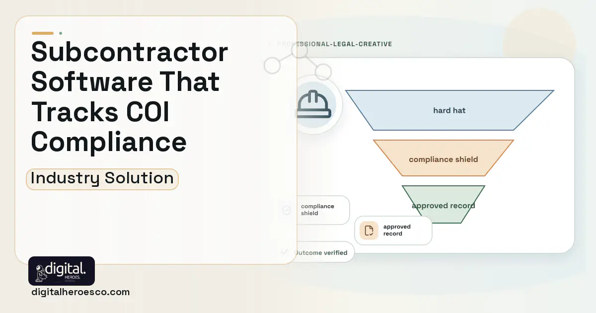 Subcontractor Management software visual showing hard hat, compliance shield, and approved record.