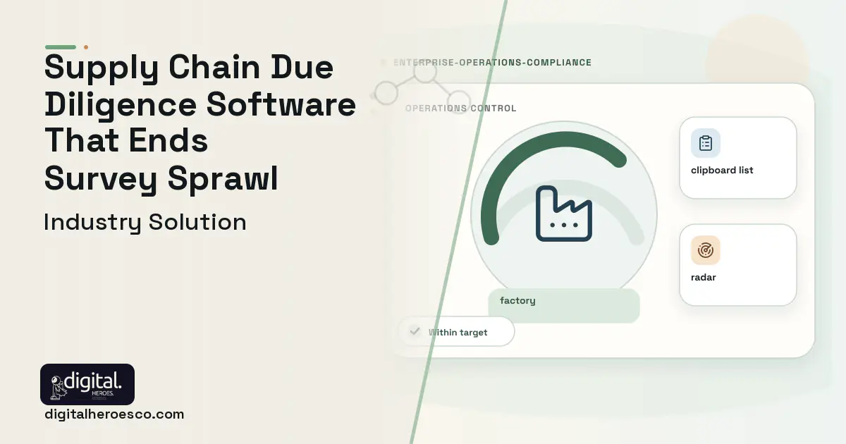 Supply Chain Due Diligence software visual showing factory, clipboard list, and radar.